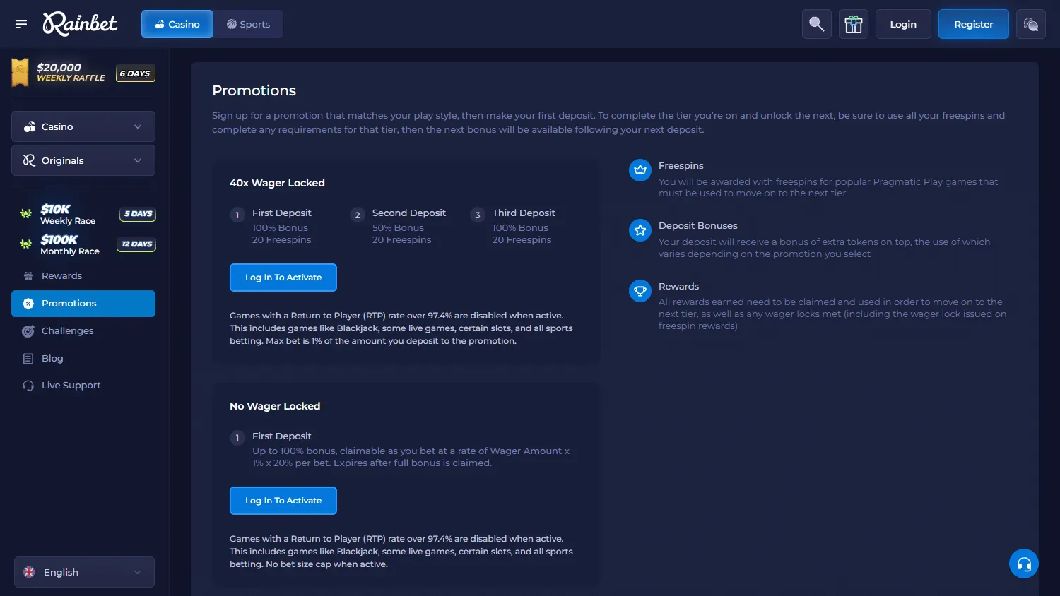 Rainbet Casino desktop promotions area with bonus and reward offers
