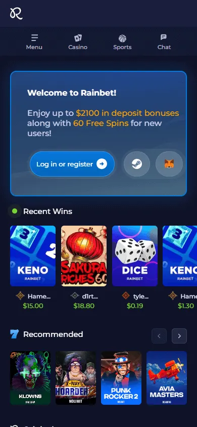 Rainbet Casino mobile browser home screen