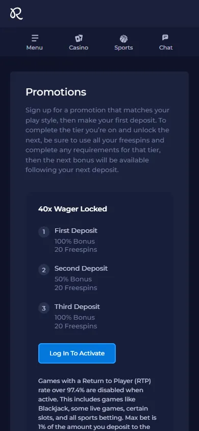 Rainbet Casino mobile browser promotions area with rewards