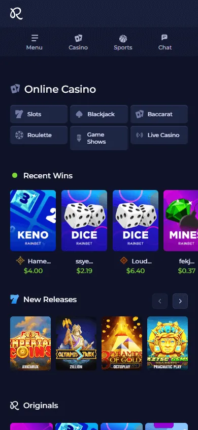 Rainbet Casino mobile browser games area with casino categories