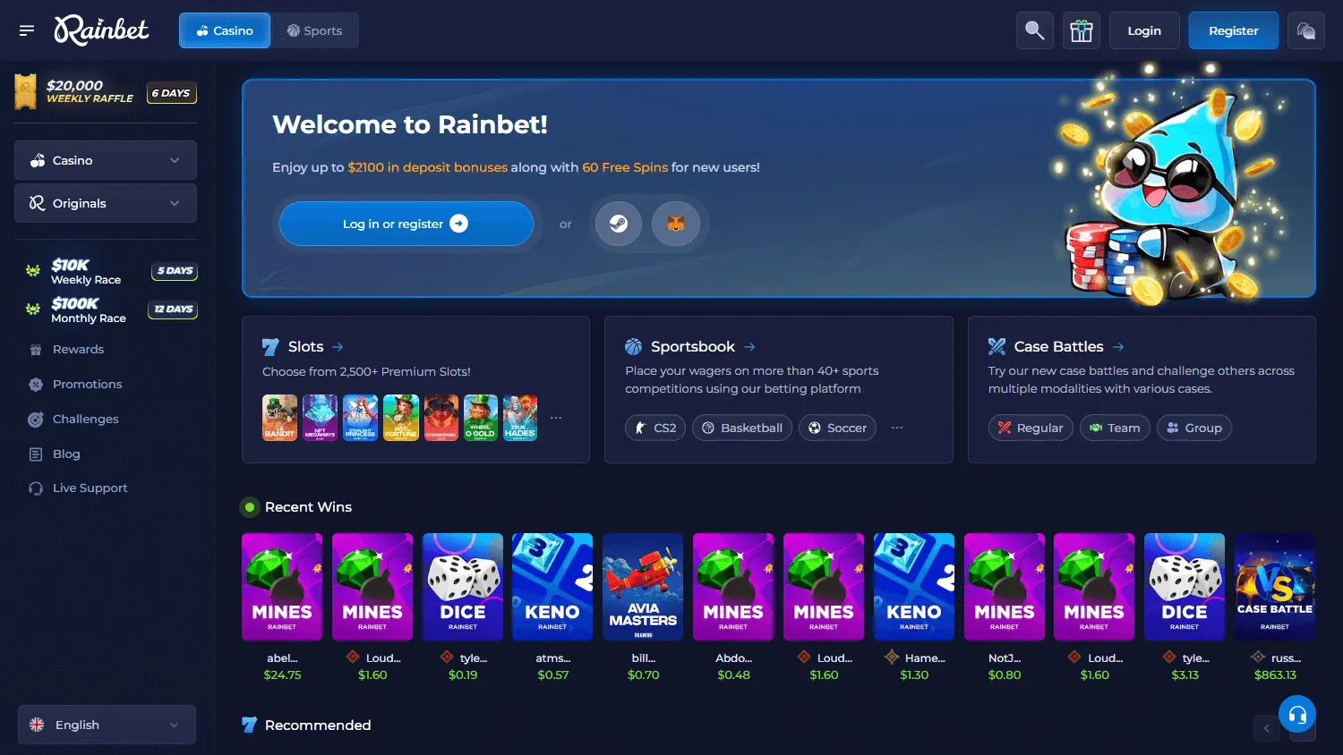 Rainbet Casino desktop home screen with casino offers and account options