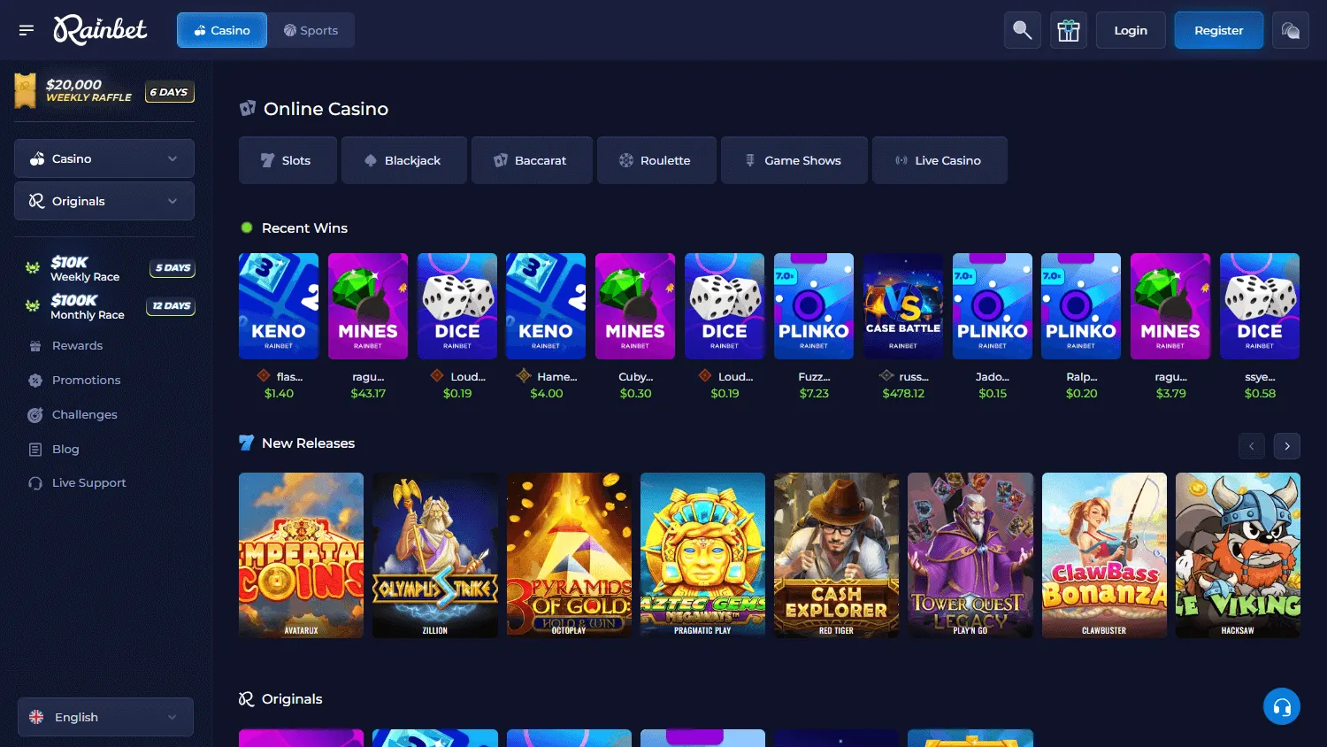 Rainbet Casino desktop games area with pokies and casino categories